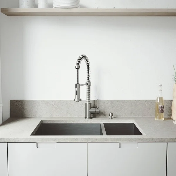 Vigo VG15176 All in One 29x22 Undermount Stainless Steel Double Bowl Kitchen Sink and Faucet Set
