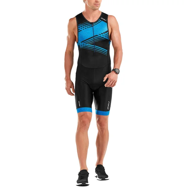 2XU Men's Perform Front Zip Trisuit Black, Signal Blue Print S