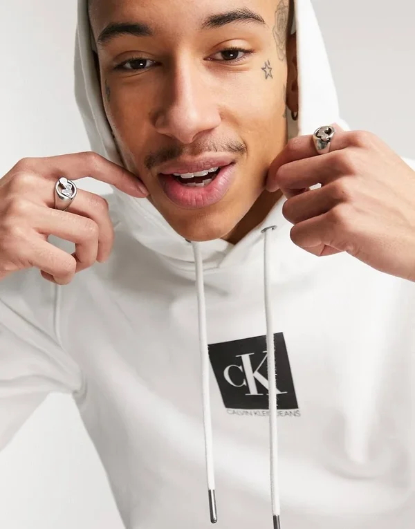 Calvin Klein Jeans Front Box Logo Hoodie in White