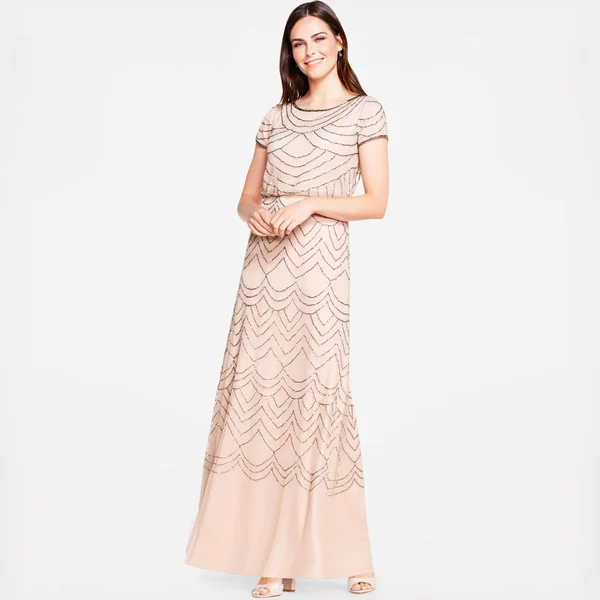 Adrianna Papell Short Sleeve Beaded Blouson Gown - Taupe/Pink