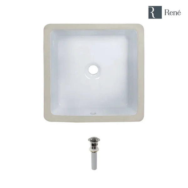 Rene R2-1007-W-PUD-BN Porcelain Undermount Bathroom Sink and Pop-Up Drain
