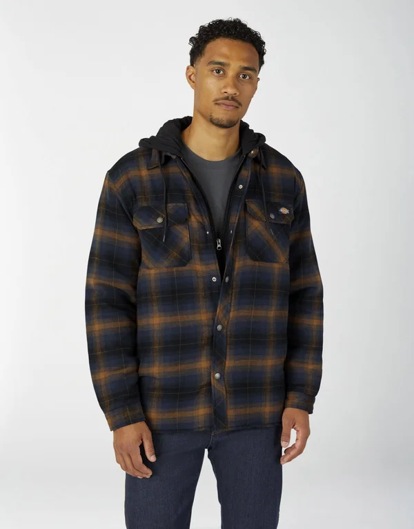 Dickies Men's Fleece Hooded Flannel Shirt Jacket w/Hydroshield (Size XXXL) Navy/Brown/Plaid - Cotton