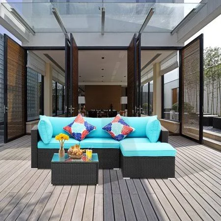 Ainfox 5 Piece Outdoor Patio Furniture Sofa Set Wicker Sectional Rattan Conversation Set with Cushion and Glass Table(Blue), Siz