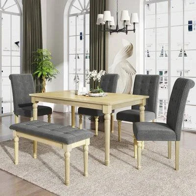 Leighton 6 - Piece Dining Set Ophelia & Co. Table Color: Natural, Chair Color: Gray/Beige, Bench Color: Gray/Beige