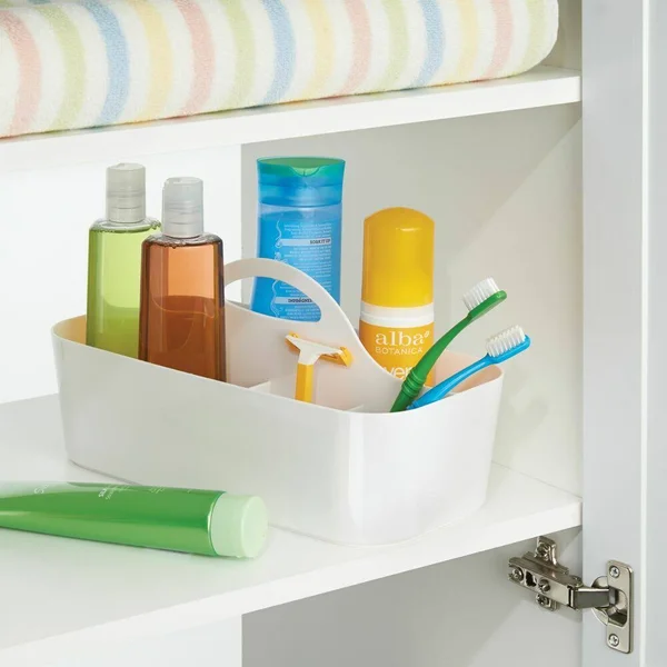 mDesign Plastic Portable Storage Organizer Caddy Tote - Divided Basket Bin with Handle for Bathroom, Dorm Room - Holds Hand Soap