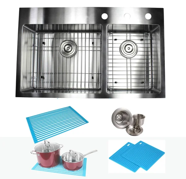 33 inch Drop in Topmount Stainless Steel Kitchen Sink Package 16 Gauge Double 60/40 Bowl Basin w/ 9 Gauge Deck - Complete Sink P - 33" x 22"