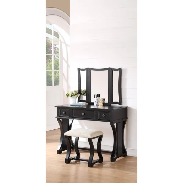 Poundex Black Vanity Set with Stool