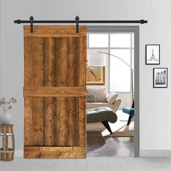 CALHOME Mid-Bar Series with Hardware Kit 24-in x 84-in Walnut 2-Panel Stained Pine Wood Single Barn Door (Hardware Included) in