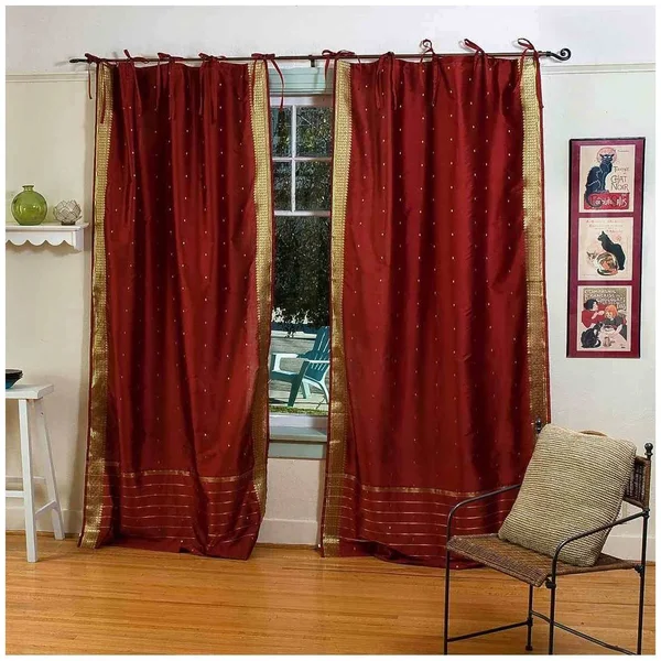 Rust Tie Top Sheer Sari Curtain - Drape, Panel - Piece, Red