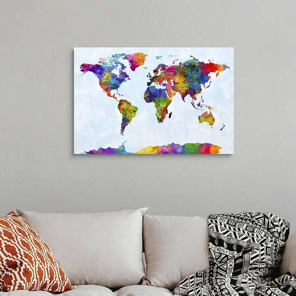 Watercolor Map of The World Map - Canvas Wall Art, 36x24, Great Big Canvas