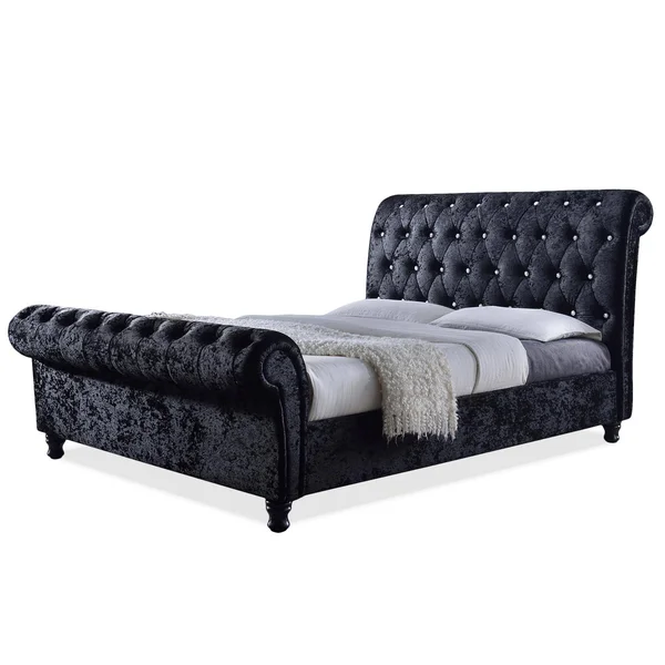 Baxton Studio Castello Black Velvet Upholstered Faux Crystal-Buttoned Sleigh Platform Bed, Queen