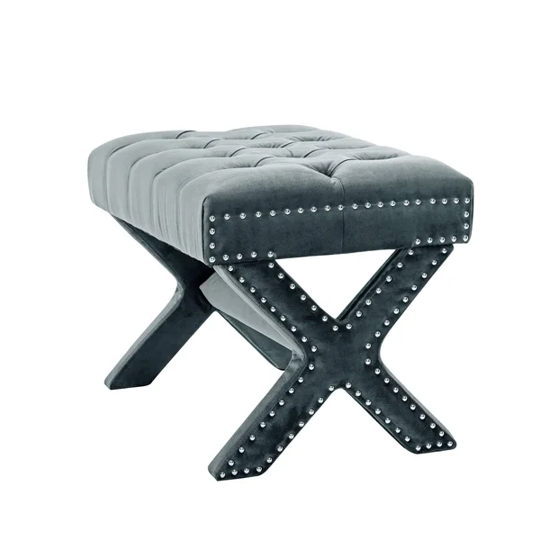 Inspired Home Louis Velvet X-Leg Ottoman – Slate Blue