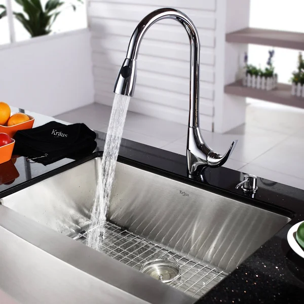 Kraus Stainless Steel Farmhouse Bowl Sink Combo Single Handle Kitchen Faucet