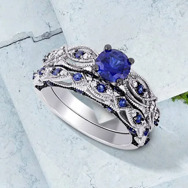 Miadora 10K White Gold Created Blue Sapphire 1/10ct TDW Diamond Vintage Bridal Set - 9