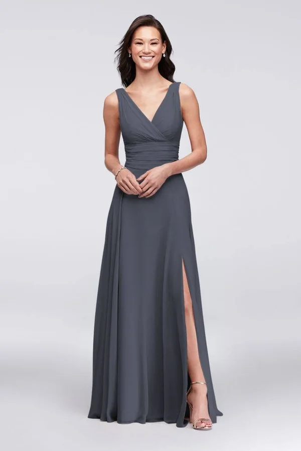 David&s Bridal Surplice Tank Long Chiffon Bridesmaid Dress - Pewter - 6