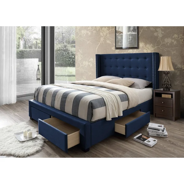 Savoy Upholstered Storage Wingback Bed - Queen - Blue - Velvet