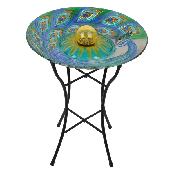 Peaktop Outdoor 18 in. Solar Glass Birdbath - Peacock