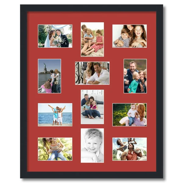 Collage Picture Frame, Satin Black Frame with 12 openings for 4x6 Photos with Deep Red Mat. D3926II462, ArtToFrames