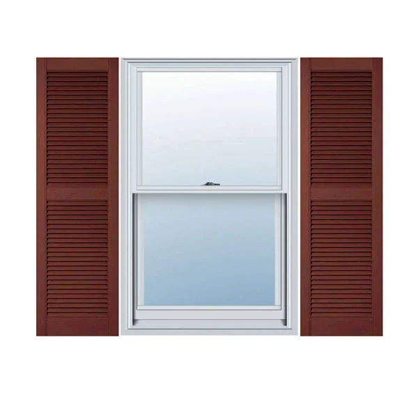 14 1/2x22W x 48x22H Lifetime Vinyl, Custom Straight Top Center Mullion, Open Louver Shutters, w/Shutter-Loks (Per Pair), Burgund