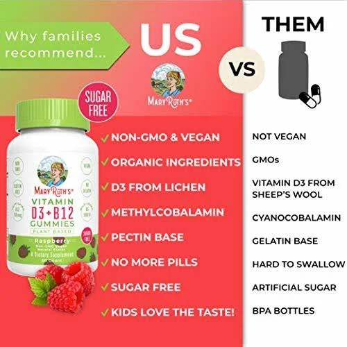 MaryRuth Organics Vegan Vitamin D3+B12 Gummy (Sugar Free) Plant-Based by MaryRuth&s, Made w/Organic Ingredients Non-GMO Gluten