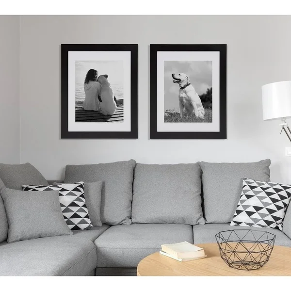 DesignOvation Museum Wooden Traditional Picture Frame Set with Mats for Customizable Wall Display - 14x18 Matted to 11x14, Black