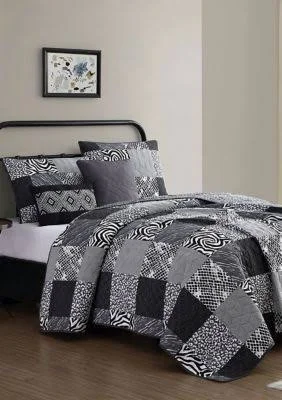Lola Ziva Animal Printed Patchwork Quilt Set - Size: Twin, Black