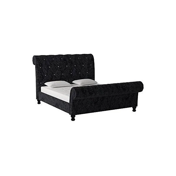 Baxton Studio Castello Black Velvet Upholstered Faux Crystal-Buttoned Sleigh Platform Bed, Queen