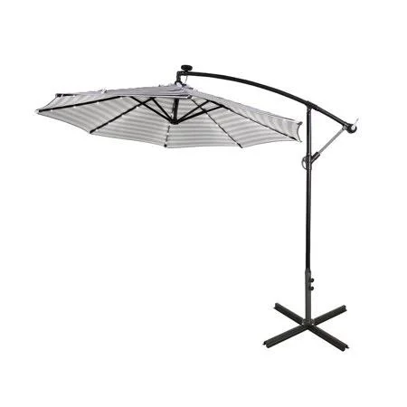 Westintrends 10 ft Outdoor Patio Solar LED Cantilever Umbrella - Gray/White Stripe