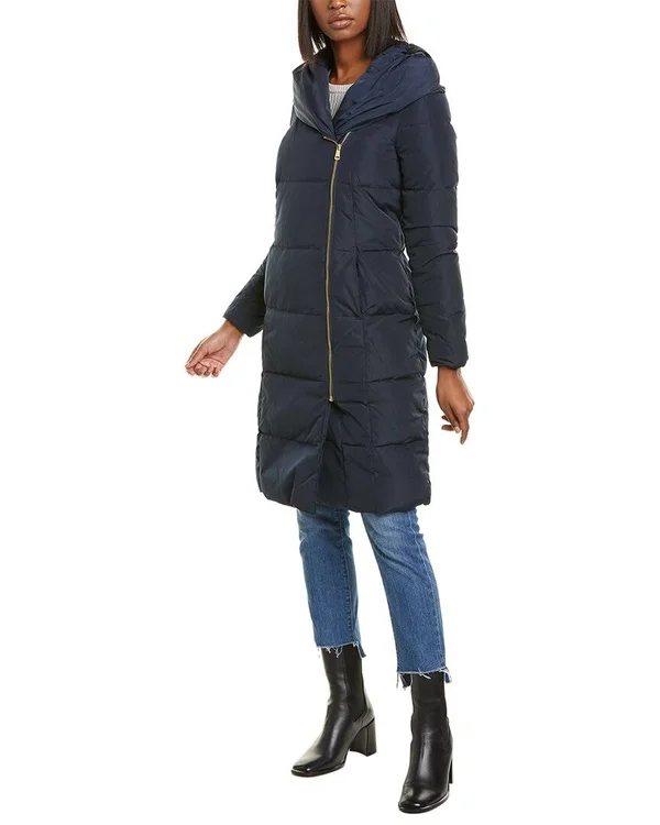 Cole Haan Women's Taffeta Down Double Breasted Zip Front Coat, Navy, Xs