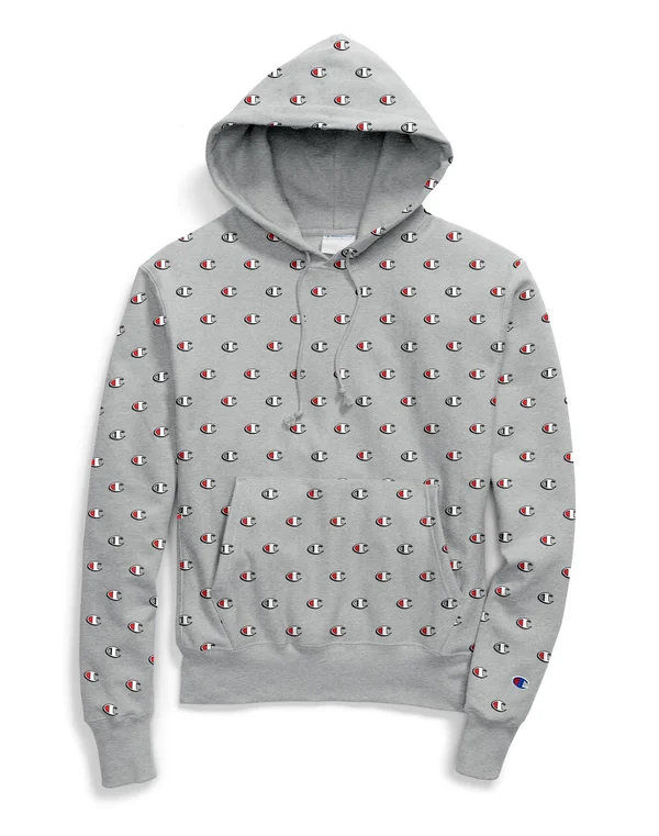 Champion S2974 Life Men's REVERSE Weave Pullover Hoodie - All Over Logo - Scribble Logo Oxford Grey - XL