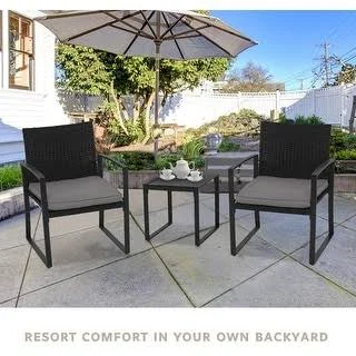 Suncrown Outdoor 3-Piece Wicker Bistro Set w/ Metal Armrest (Grey), Black(Iron)