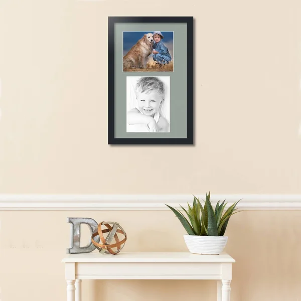 Collage Picture Frame - Satin Black Frame with 2 openings for 8x10 Photos with Grey Silverpine Mat. D3926GO2167, ArtToFrames