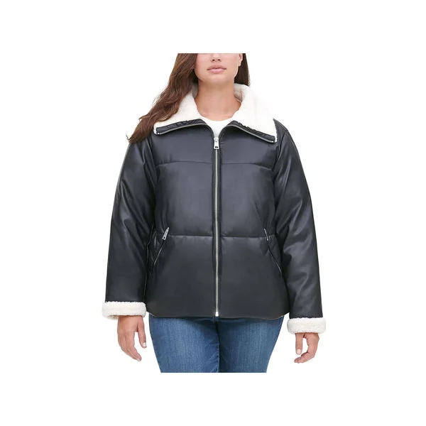 Levi&s Trendy Plus Size Sherpa-Trimmed Faux-Leather Puffer Jacket - Black/Cream