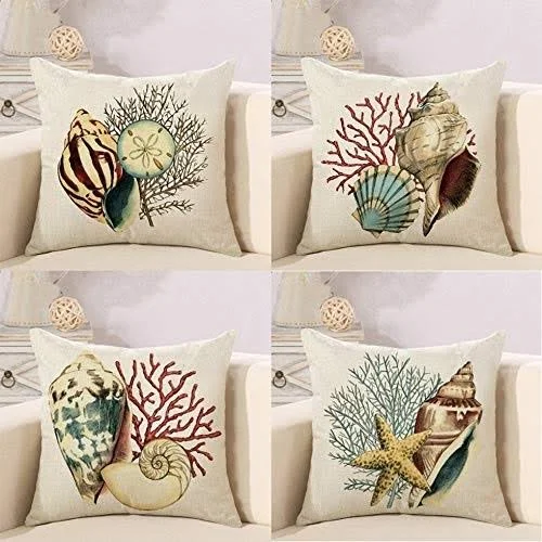 Sufam Set of 4 Pillow Cases Starfish Conch Coral Underwater World Creature Throw Pillowcase Cover Cushion Case Home Decor 18x18