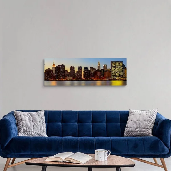 Manhattan Panoramic View with Un from Long Island City at Night - Canvas Wall Art, 48x16, Great Big Canvas