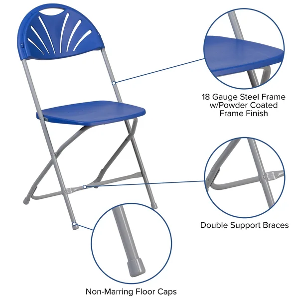 Emma and Oliver 2 Pack 650 lb. Capacity Blue Plastic Fan Back Folding Chair