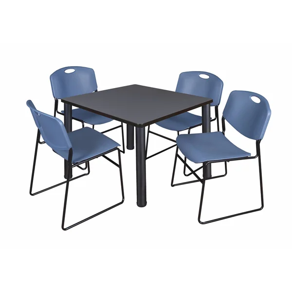 Regency Kee 36x22 Square Breakroom Table- Grey/ Black & 4 Zeng Stack Chairs- Blue