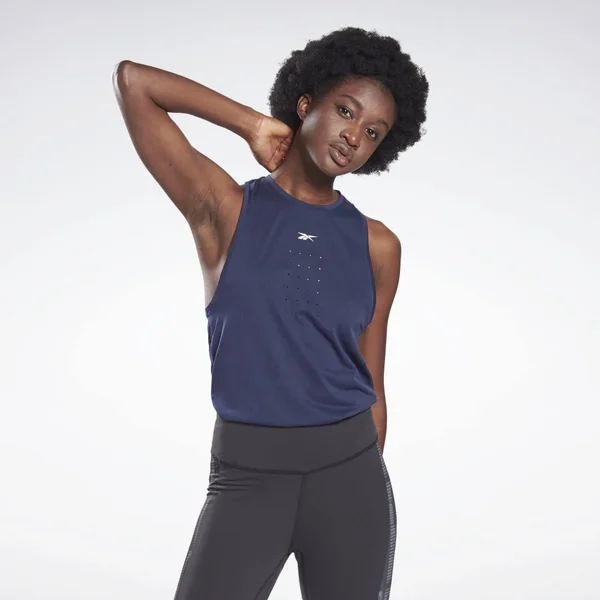Reebok Women's Les Mills Perforated Tank Top in Vector Navy Size S - Studio Apparel