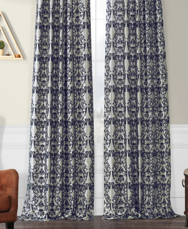 Exclusive Fabrics Firenze Silver & Blue Flocked Faux Silk Curtain, 84 Inches