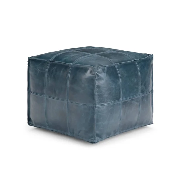 Simpli Home Manning Leather Square Pouf in Teal