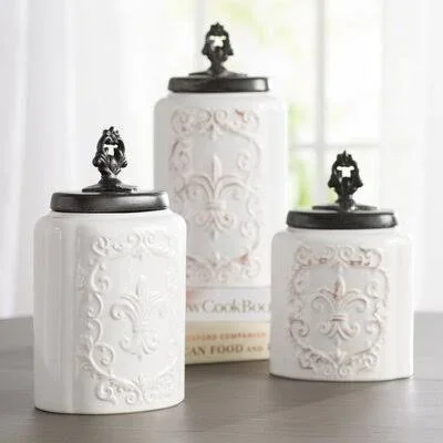 Fleur-de-lis 3 Piece Kitchen Canister Set Color: White Antique