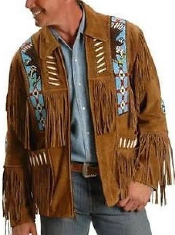 Mens Tobacco or Black Eagle Beaded Premium Suede Leather Western Fring