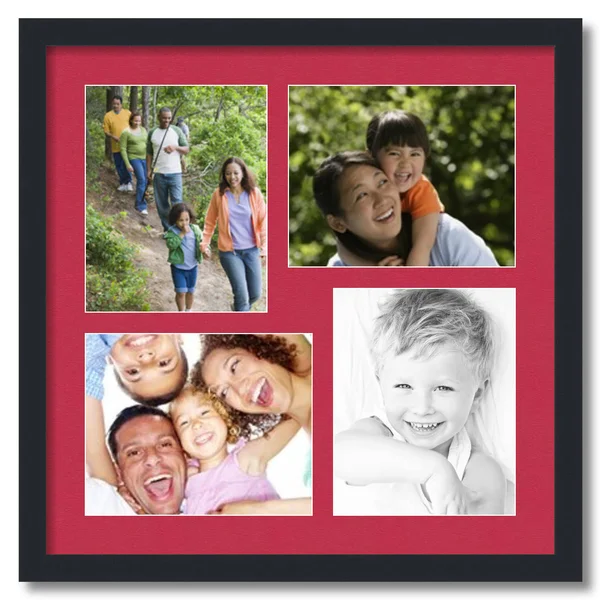 Collage Picture Frame - Satin Black Frame with 4 openings for 8x10 Photos with Red Rouge Mat. D3926CS5215, ArtToFrames
