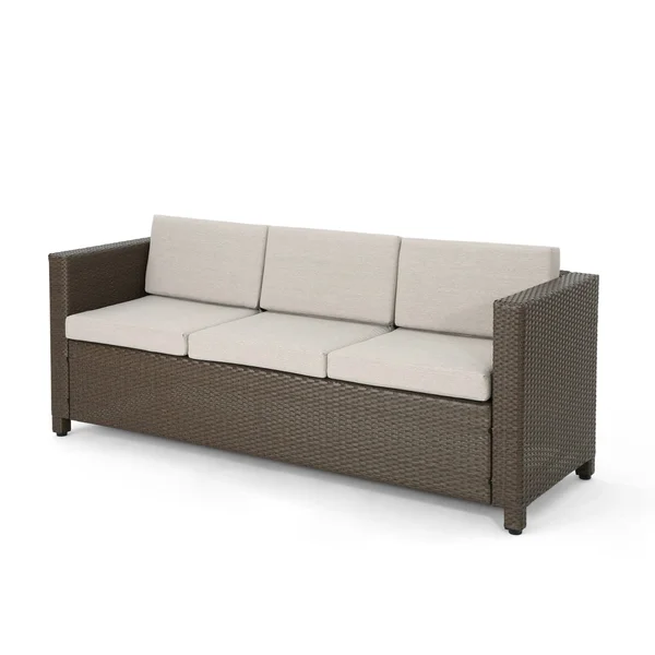 Christopher Knight Home Puerta Outdoor (PE) Wicker 3 Seater Sofa by Brown + Ceramic Grey Cushion