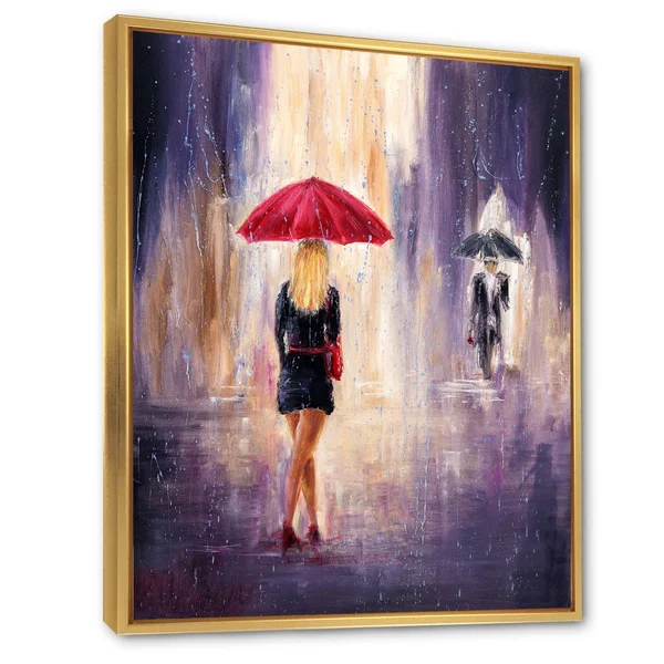 Designart 'The Woman with The Umbrella Walking in The Rain II' French Country Framed Canvas Wall Art Print - 30 in. Wide x 40 in