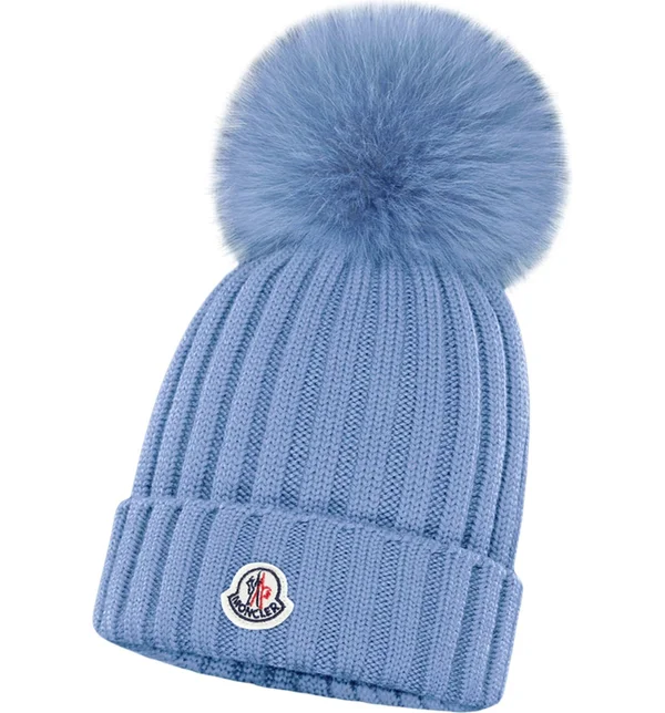 Moncler Blue Fur Pom Pom Beanie