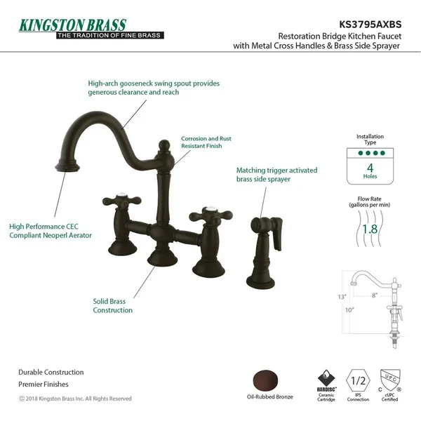 Kingston Brass KS3791AXBS Restoration Bridge Kitchen Faucet with Brass Sprayer - Polished Chrome