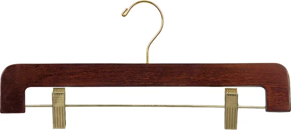 International Hanger Deluxe Wooden Bottom Hanger W/CLIPS - Walnut Finish with Brass Hardware, Box of 25