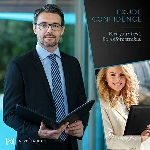 Nero MANETTI- Leather Portfolio Folder - Business PU Leather Portfolio Notepad Holder for Resumes, Legal Pad Portfolio Executive