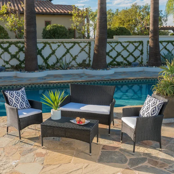 Mina Outdoor 4 Piece Wicker Chat Set with Water Resistant Cushions - Multibrown - Beige